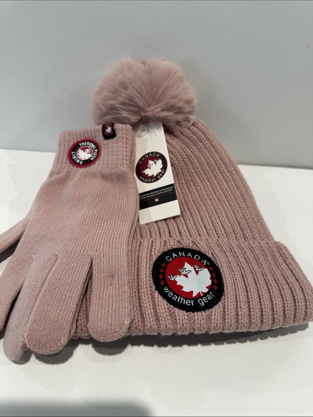 NWT Canada Weather Gear Pink Beanie with Pompom and fully lined W/Gloves.